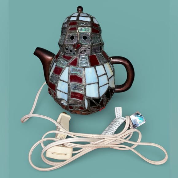 Vintage Tiffany Style Stained Glass Snowman Tea Pot Table Lamp Night Light - Picture 10 of 10